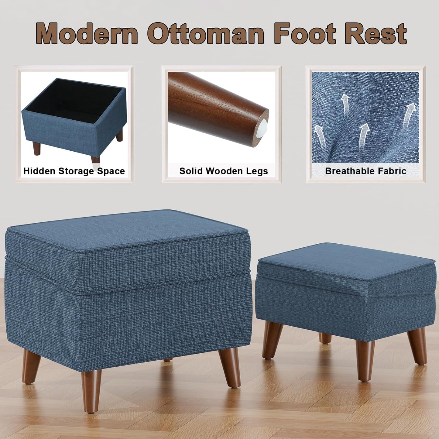 Storage Ottomans with Adjustable Cover, BOGO, Soft Step Stool, Footrest and Seat, Ottoman Foot Rest Set for Living Room, Bedroom, Dorm, Blue