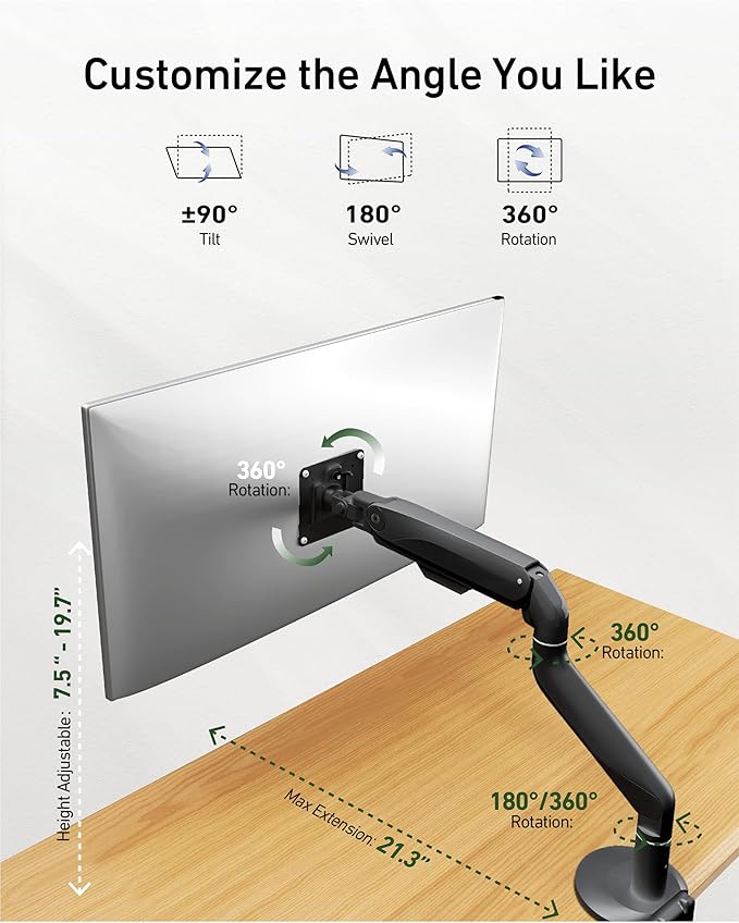Ultrawide Single Monitor Mount, Adjustable Gas Spring Monitor Arm for 17 to 49 inch Screens, 75/100 Vesa Mount, Black