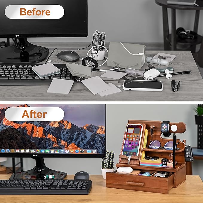 TESLYAR Wood Phone Docking Station with Drawer - Nightstand Organizer - Desk Organizer for Husband - Birthday Gifts for Men or Dad - Anniversary Idea - Key Holder Stand Watch & Accessories (Walnut)
