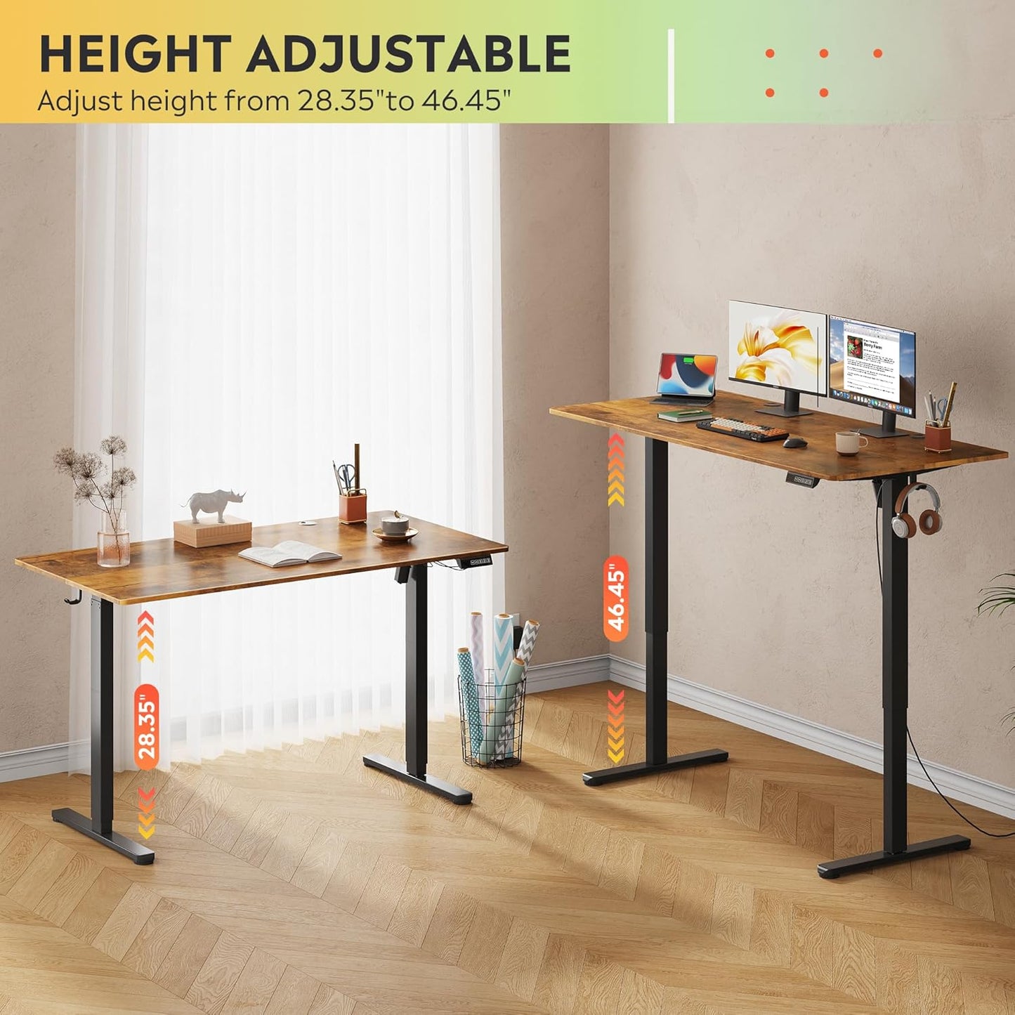 DEVAISE 55 Inch Electric Standing Desk, 3 Adjustable Height Stand up Desk for Home Office, Ergonomic Sit to Stand Desk with LED Touchscreen, Hook, 3 Memory Preset Computer Desk (Rustic Brown)