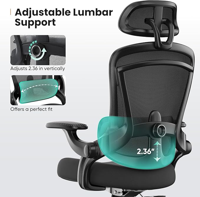 DUMOS Ergonomic Mesh Office Chair - High Back Executive Chair with 2D Headrest & Up&Down Lumbar Support | Adjustable Flip-Up Arms, 330lbs Heavy Duty for Home Office/Gaming (Inky)