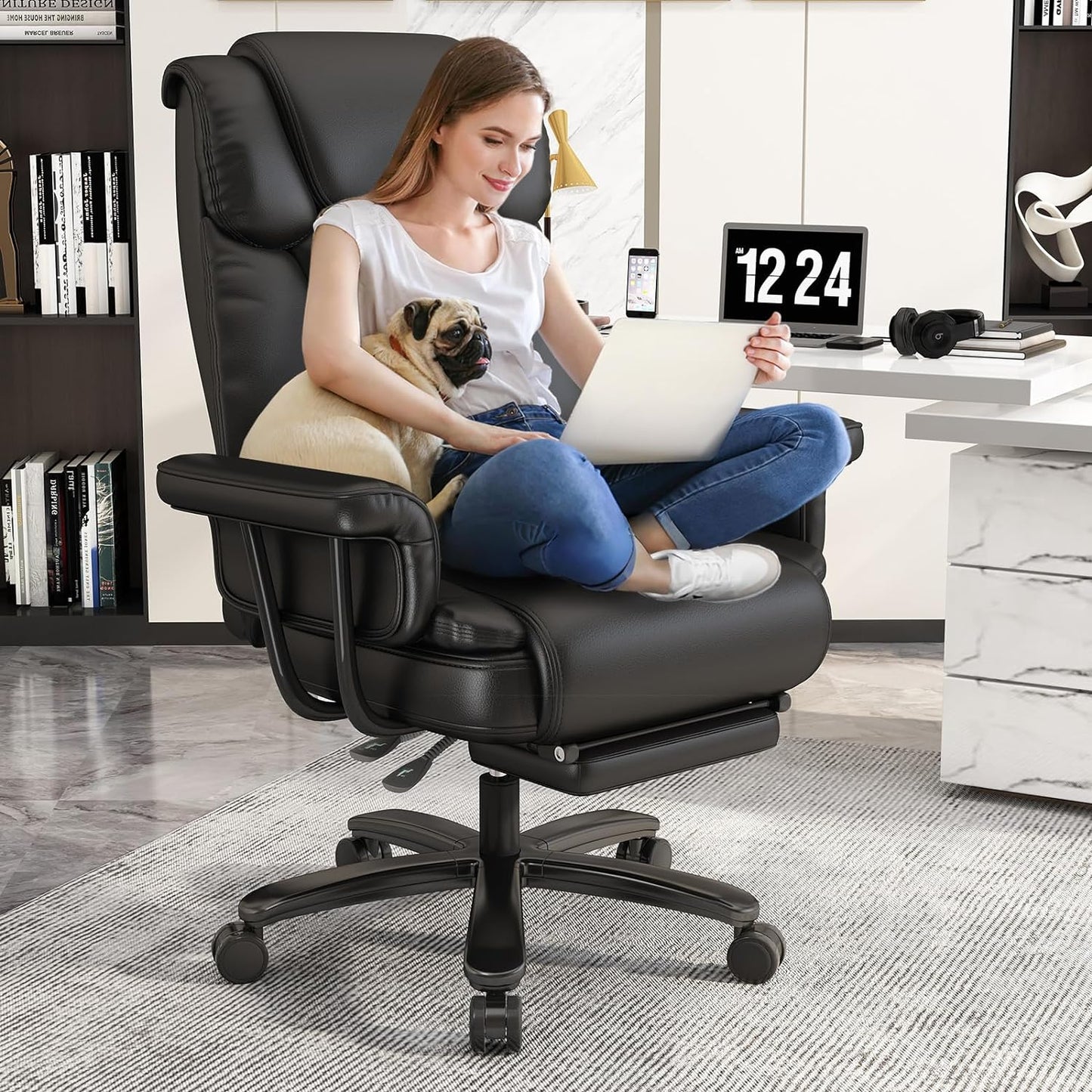 GYI Criss Cross Chair with Wheels, 160° Big and Tall Reclining Office Desk Chair with High Back, Wide Seat, Arms, Footrest, Black