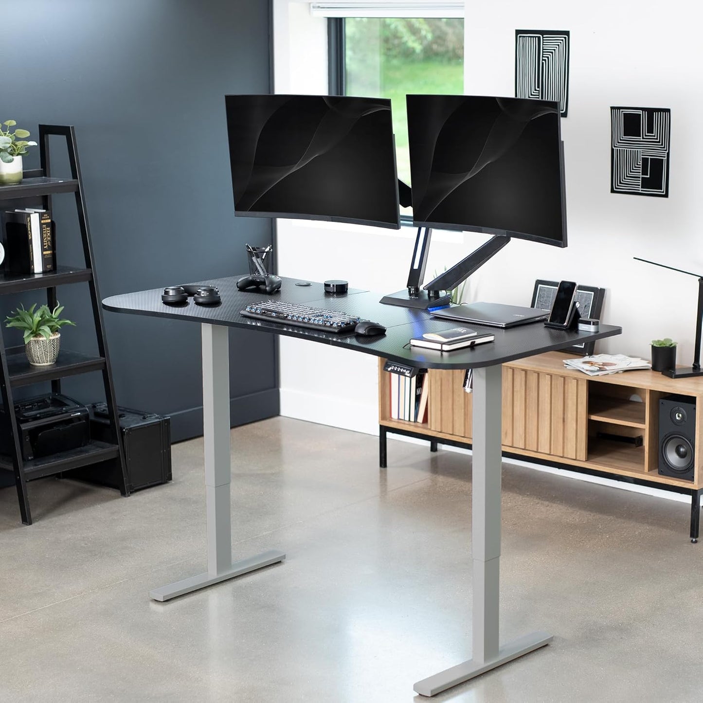 VIVO Electric 63 x 32 in Standing Desk, Memory Height Adjustment, 1B Series, Black Carbon Fiber Top Gray Frame, DESK-KIT-1G1R