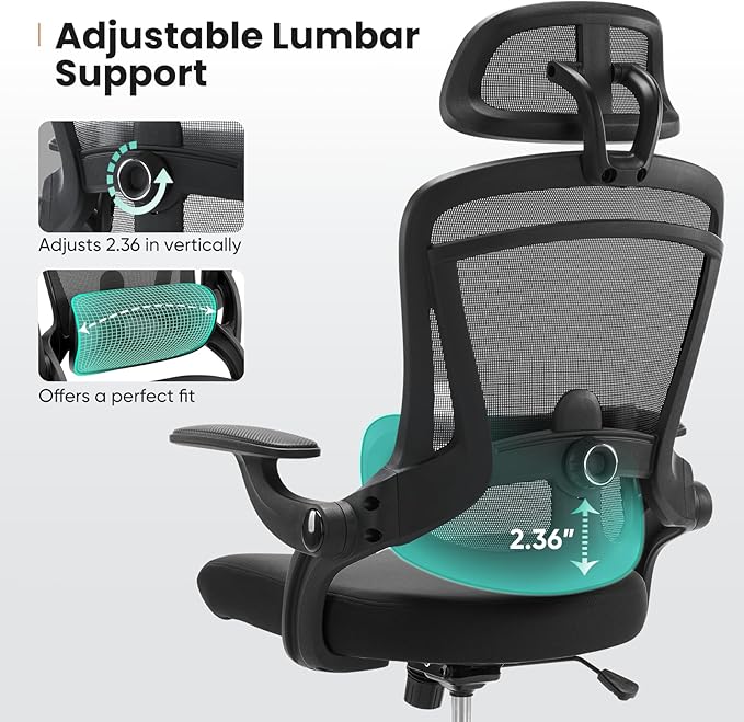 Sweetcrispy Ergonomic High Back Office Chair with 2D Headrest, Up&Down Lumbar Support, Swivel Computer Task Mesh Desk Chairs with Adjustable Flip-up Armrests, Classic Black