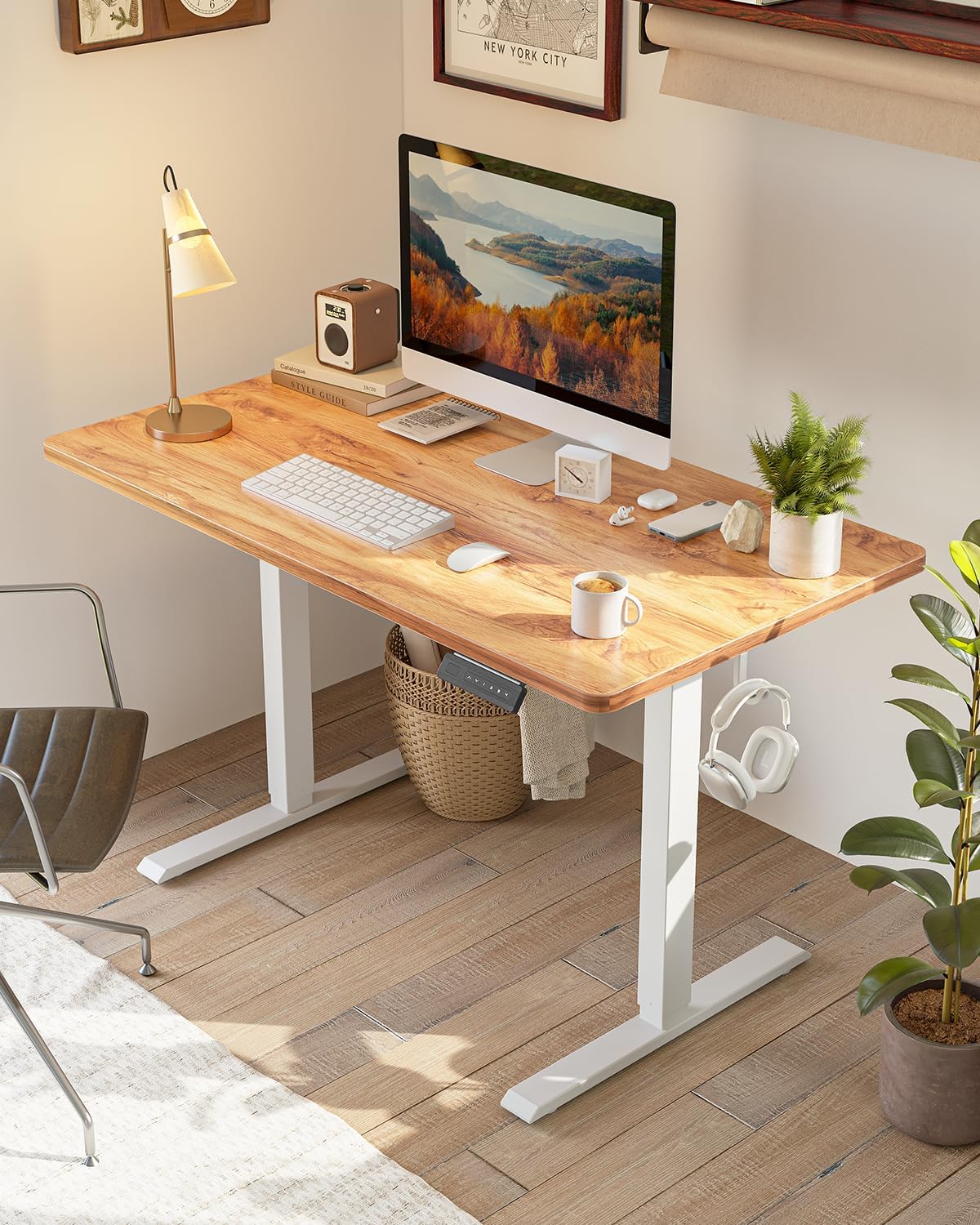 FEZIBO One-Piece Standing Desk Adjustable Height Stand up Home Office Desk, 32x24 Inch Electric Standing Computer Desk, with 4 Memory Presets, Fixable casters, Light Rustic