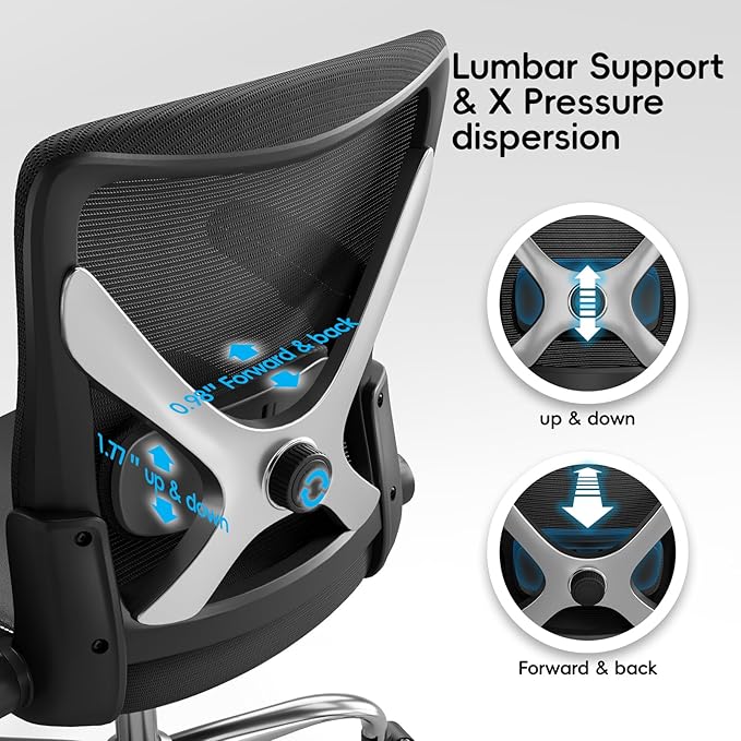 Ergonomic Office Chair-Computer PU Leather X-Shaped Desk Chair-Gaming Chair with Adjustable Flip-up Armrests Lumbar Support Mesh Executive Chair for Long Hours Office (Black-Silver)