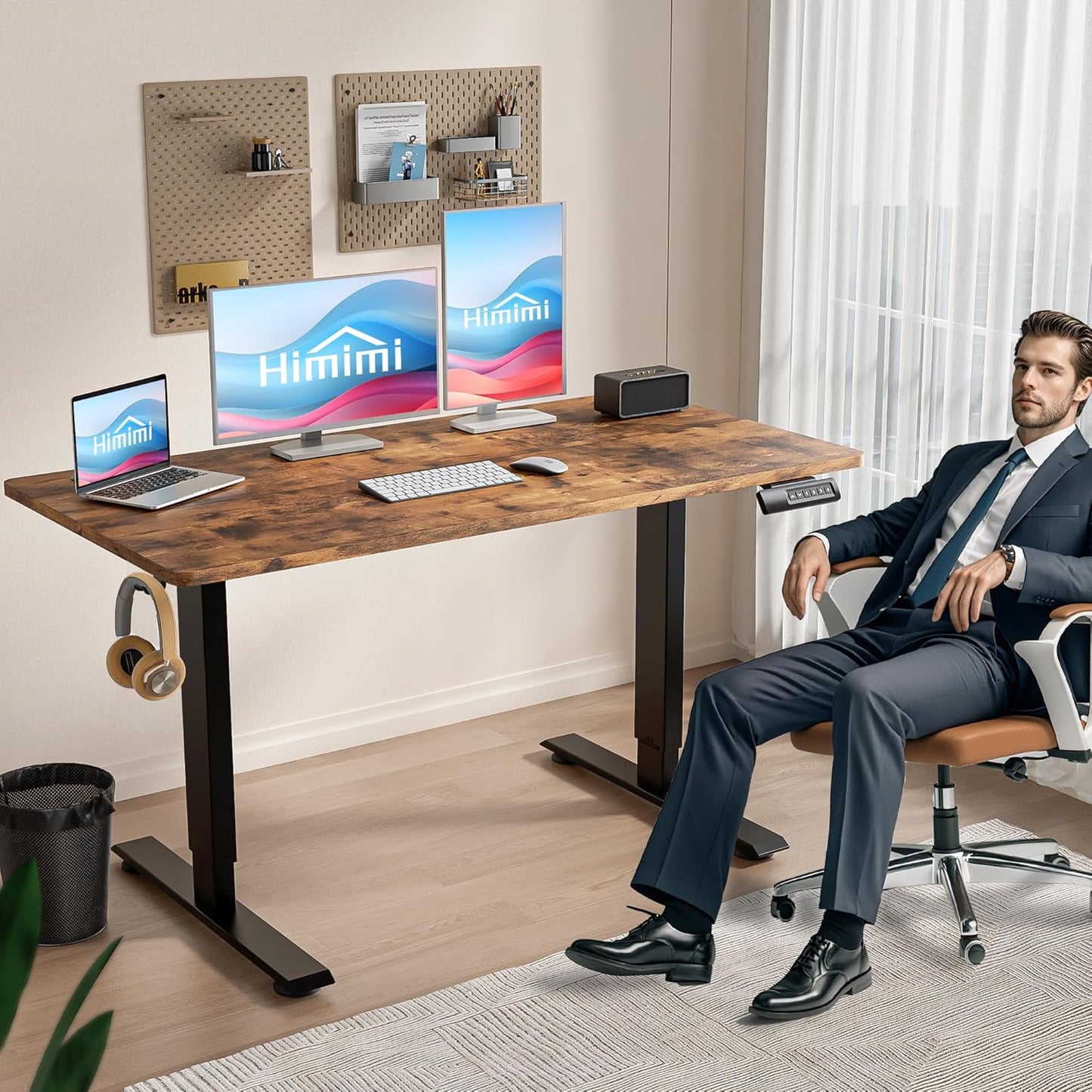 Himimi Electric Standing Desk 48 x 24 inch for Home Office,Sit-Stand Adjustable Desk with Memory Presets,Height Adjustable Desk for Gaming/Working,Free Hook, Lockable Wheels,Brown