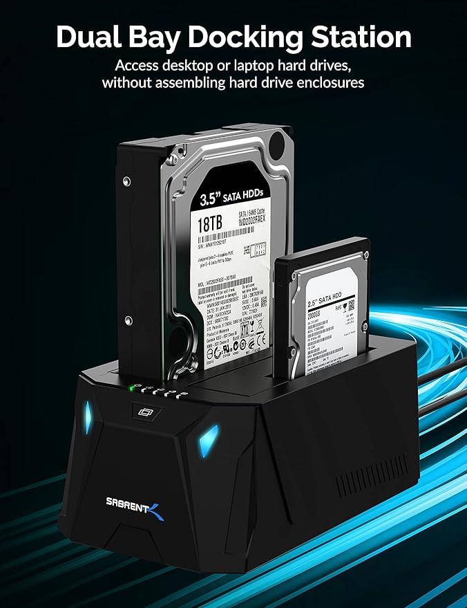 SABRENT USB Type C SATA 2.5” & 3.5” Dual Bay Hard Drive Docking Station | Offline Cloning | Up to 5Gbps | Tool Free Installation (EC-CH2B)