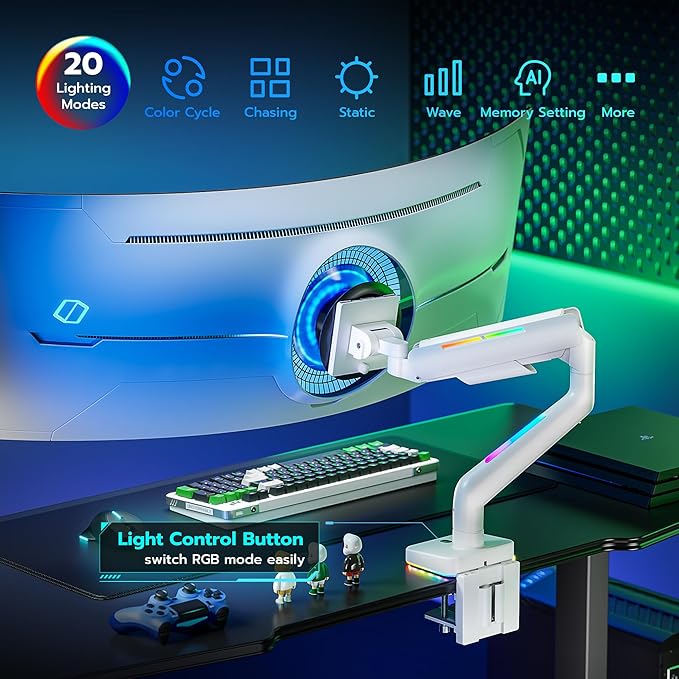 Ultrawide Monitor arm for 17-49'' Heavy Duty Screen up to 44lbs, Gas Spring Single Monitor Arm with RGB Light, Adjustable Gaming Computer Monitor Arm for Desk, White