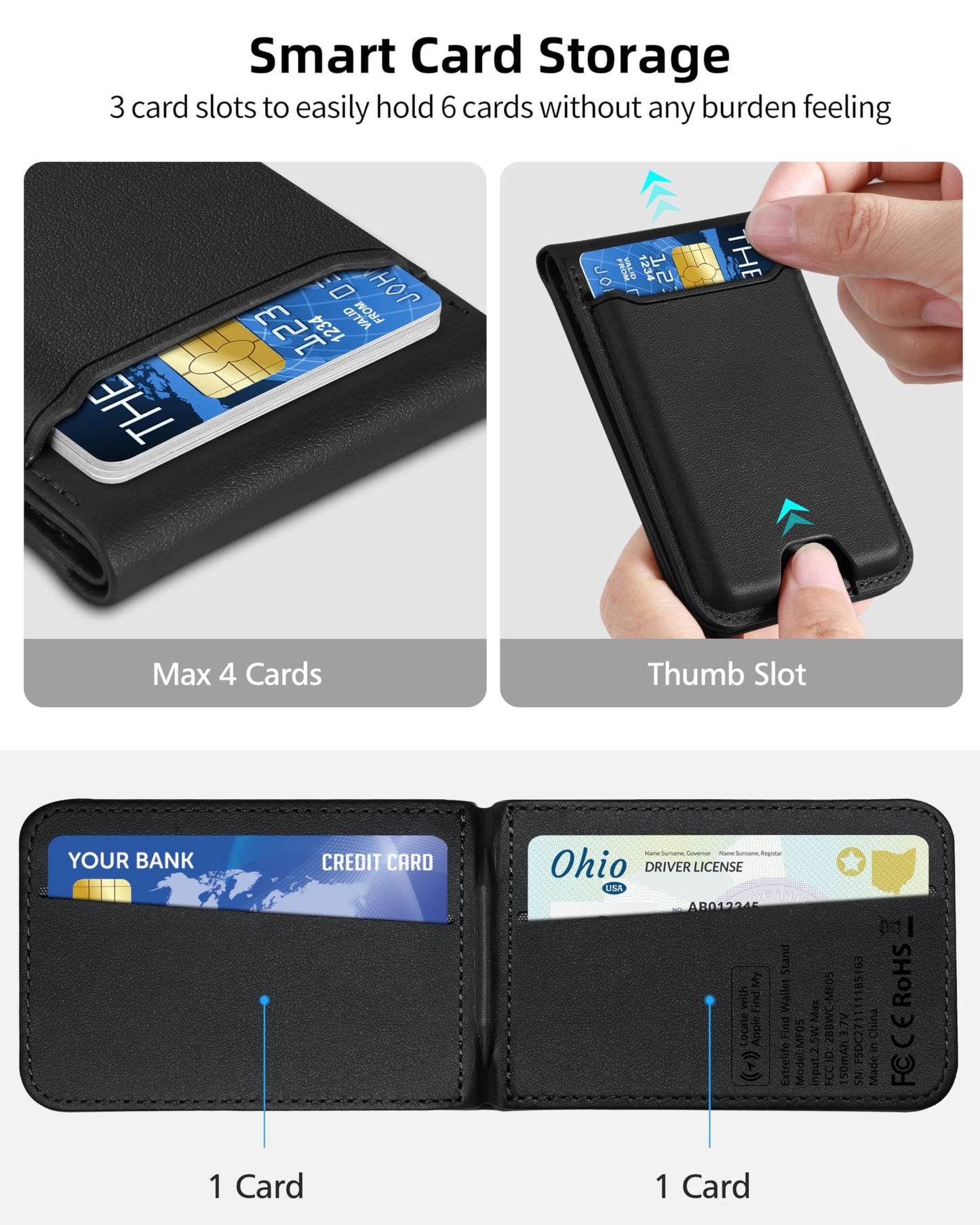 for Magsafe Wallet, Works with Apple Find My, Strongest Magnetic Wallet for iPhone 16/15/14/13/12 Series, for iPhone Walle t with Adjustable Stand, 3 Card Slots, 6 Cards Holder, Vegan Leather, Black