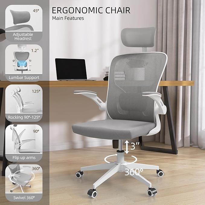 Monhey Office Chairs, Ergonomic Office Chair, Computer Chair with Adjustable Headrest, Lumbar Support, 2D Armrest, Metal Base and Iron Legs, White Frame Grey Mesh Office Chair