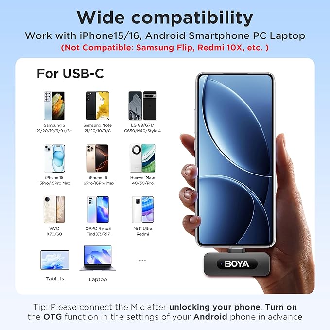 BOYA BY-V30 Wireless Lavalier Microphone,USB Type-C Mini Laple Mics for iPhone16,Android Smartphone,36H Battery,Noise Reduction,328FT Range Clip-on Condenser Mic for YouTube Interview TikTok