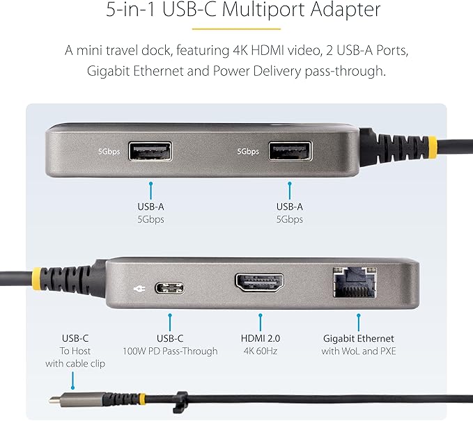 StarTech.com USB-C Docking Station for MacBook Pro M1 M2 M3 M4 and Windows, 4K 60Hz HDMI Video, HDR10, USB 5Gbps Hub, 100W Laptop Charging, GbE