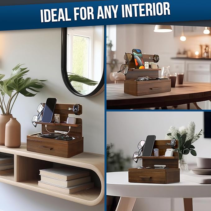 BarvA Phone Docking Station with Drawer Organizer | Night Stand Desk Charging Station | Upgraded Nightstand Organizer | Dresser Smart Watch Earbuds Phone Stand | Room Decor Gifts for Women Men Mom