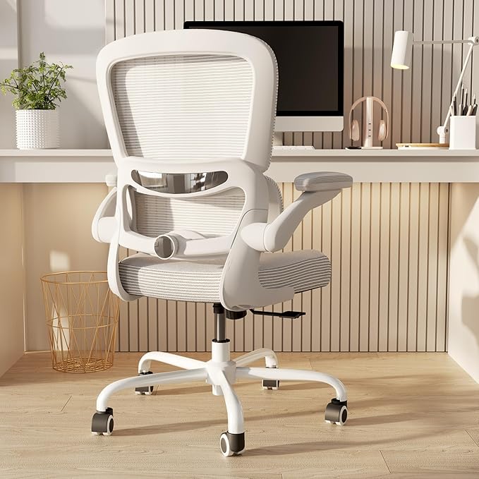 TRALT Ergonomic Office Chair - Desk Chair with Adjustable Lumbar Support Computer Chair - Mesh Comfy Chair with Flip-up Armrests - Gaming Chairs for Adults Home Office (Leather, White)