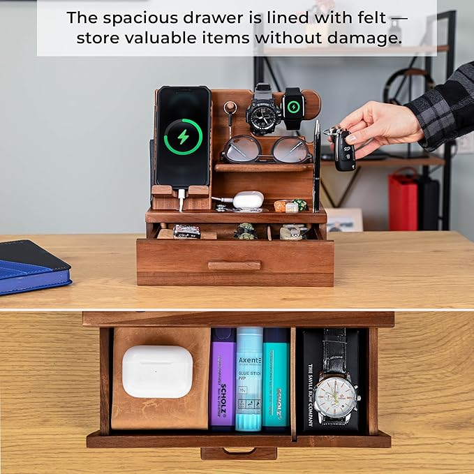 TESLYAR Wood Phone Docking Station with Drawer - Nightstand Organizer - Desk Organizer for Husband - Birthday Gifts for Men or Dad - Anniversary Idea - Key Holder Stand Watch & Accessories (Walnut)