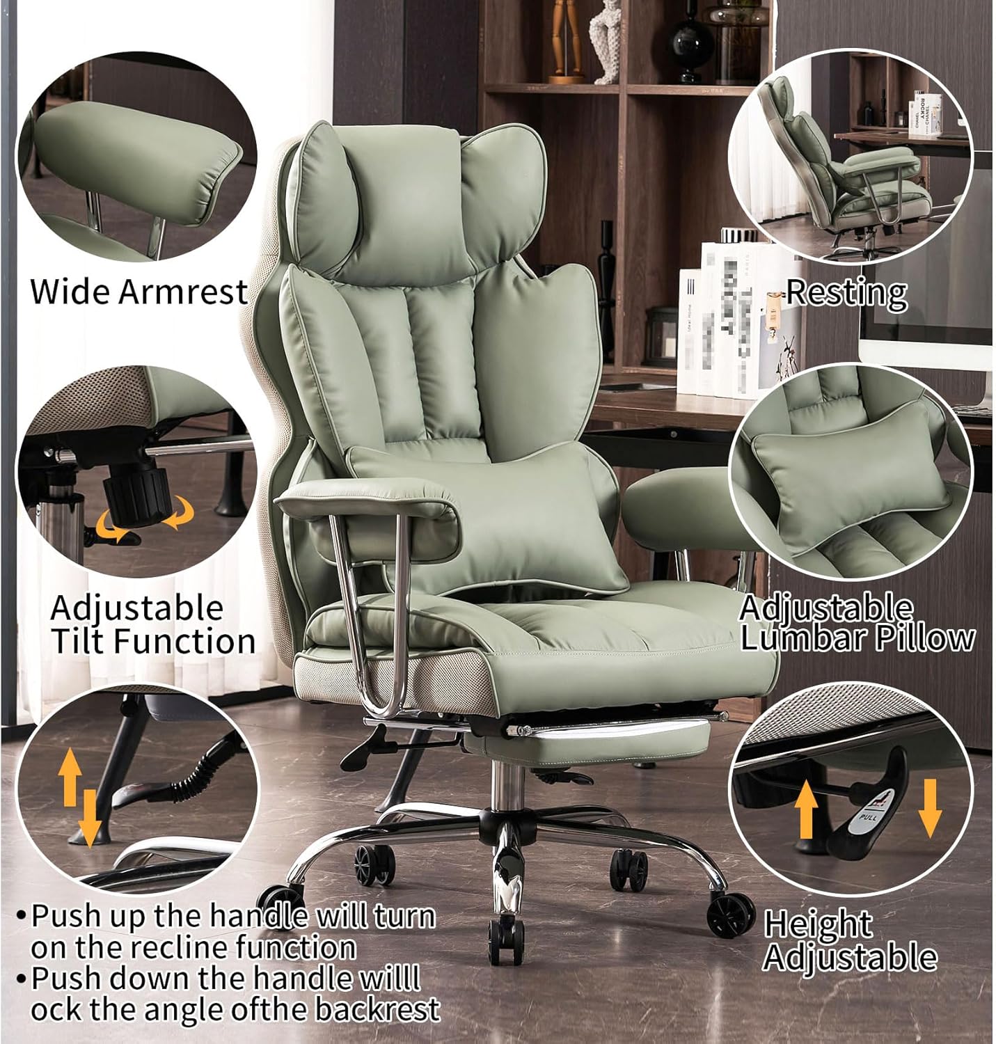 Efomao Big and Tall Office Chair 400lbs - Executive Office Chairs with Footrest, Heavy-Duty PU Leather Computer Chair for Heavy People, Light Green Home Office Desk Chairs