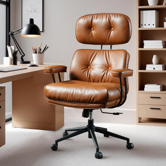 ovios Home Office Chair, Mid-Century Modern Faux PU Leather Chairs with Lumbar Support Comfy Thick Cushion, High Back Ergonomic Swivel Rolling Executive Armchair (Brown, PU Leather)