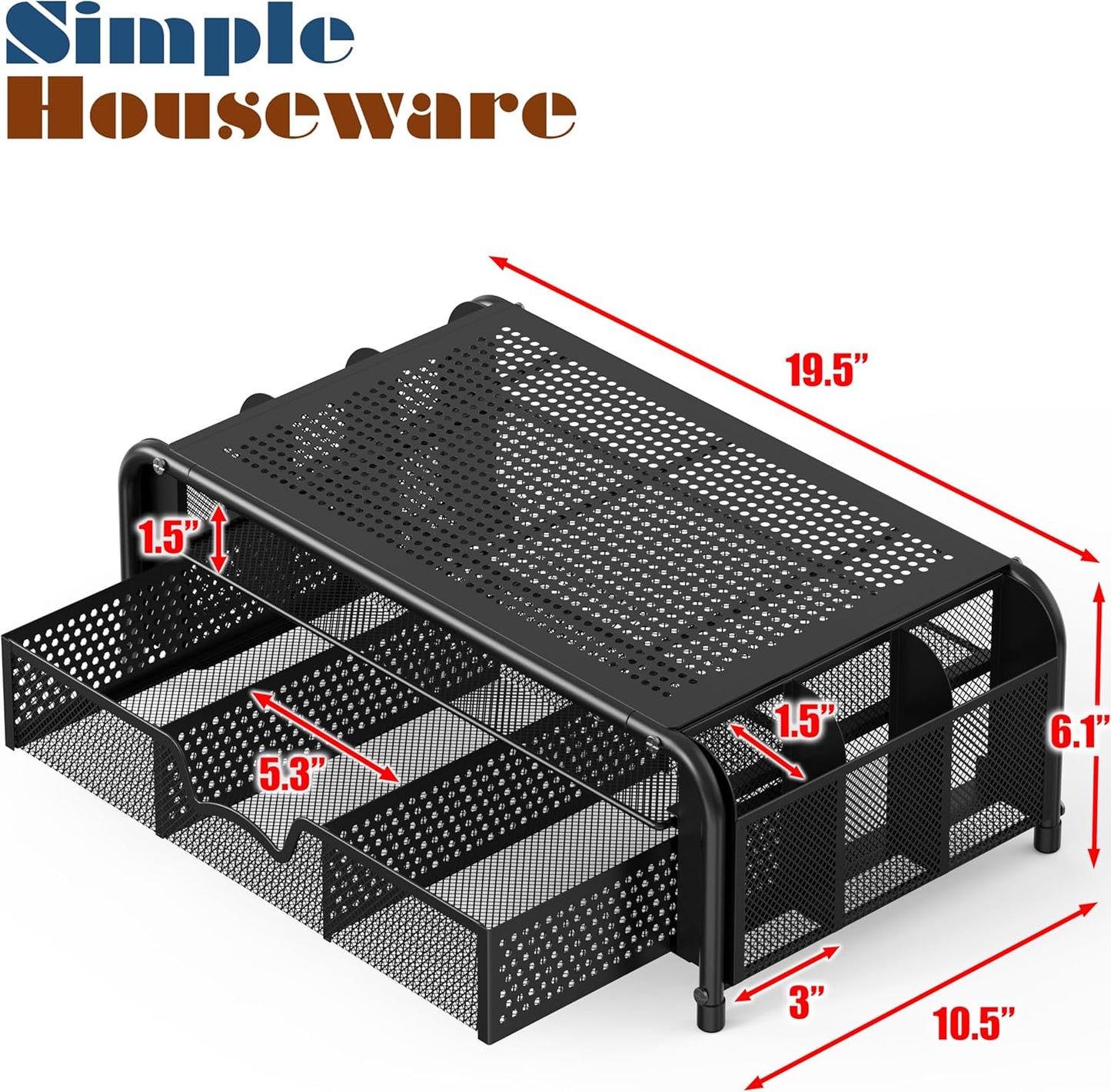 Simple Houseware Monitor Riser Stand with Pull-Out Drawer and Pen Holders, Black