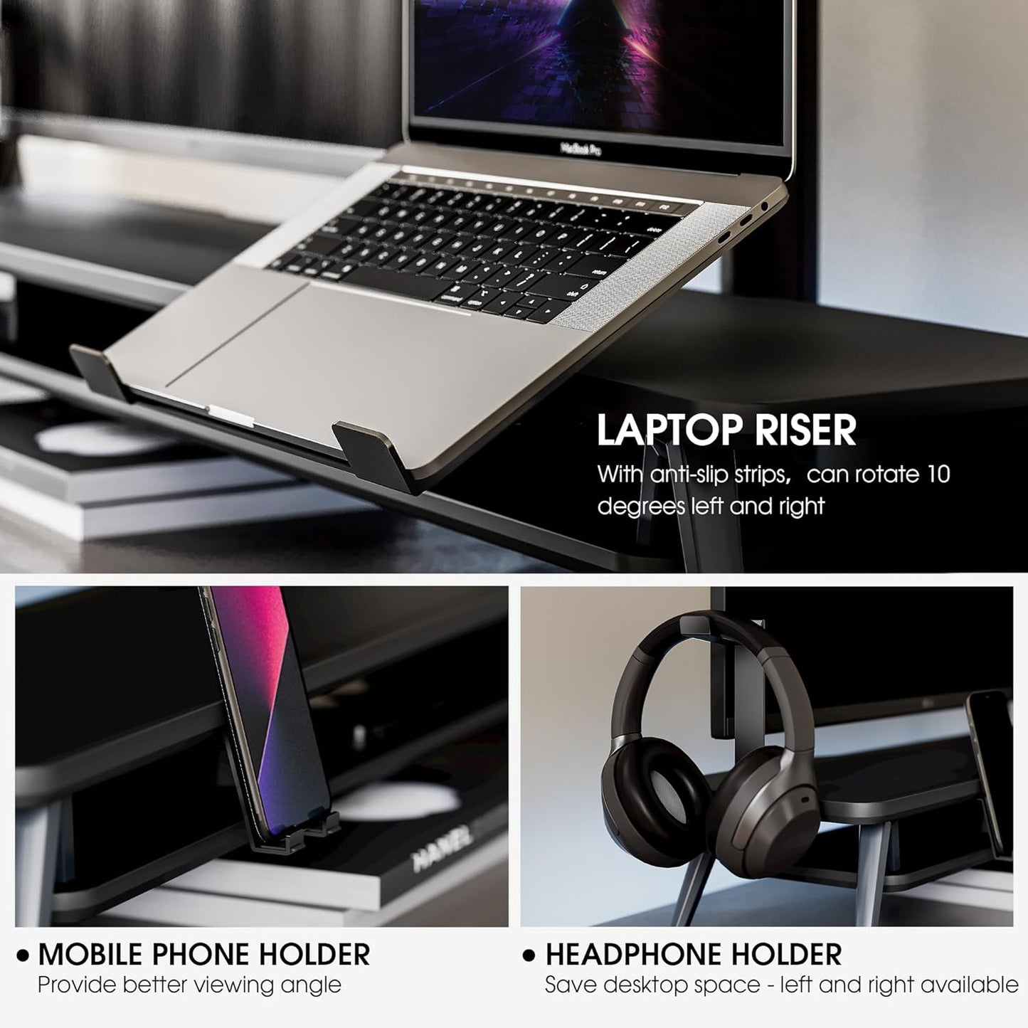 Fenge Dual Monitor Stand, Monitor Riser for 2 Monitors with Adjustable Laptop Riser , 42.5 Inch Desk Shelf for Top of Desk with Phone Holder& Headphone Stand