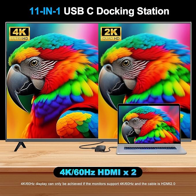 Laptop Docking Station Dual Monitor 2 HDMI, 11-in-1 USB C 4K/60Hz Dual Display Dock,1Gbps Ethernet, 100W USB C PD Port, 5 USB A/C Ports, SD/TF Card Slot for Dell, HP, Lenovo, Surface(Black)