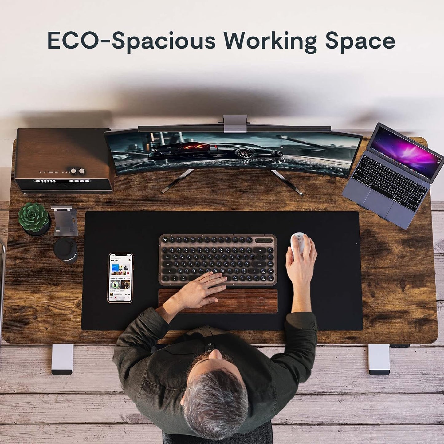 FLEXISPOT EN1 One-Piece Standing Desk, 55 x 28 Electric Height Adjustable Sit Stand Desk for Home Office (White Frame + 55" Rustic Top, 2 Packages)