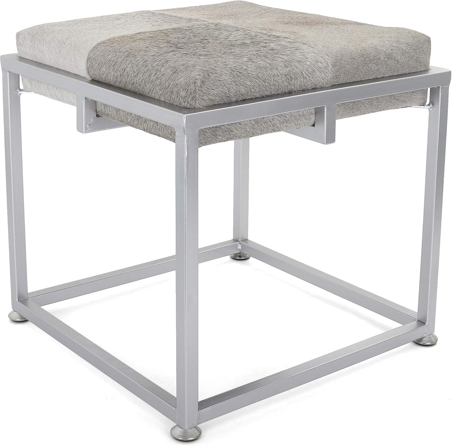 Rutledge & King Cowhide Ottoman/Vanity Stool - Square Ottoman Stool - White Ottoman/Grey Ottoman Foot Rest - Cowhide Grey & White Stool - Gold Stool - Cow Ottoman - Cow Fur Stool (Silver)