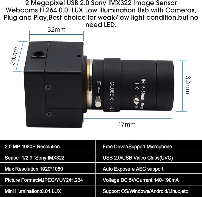 ELP 5-50mm Varifocal Lens 1080P USB Camera with H.264 High Definition Sony IMX323 Webcam for Android Linux Windows Industrial Video