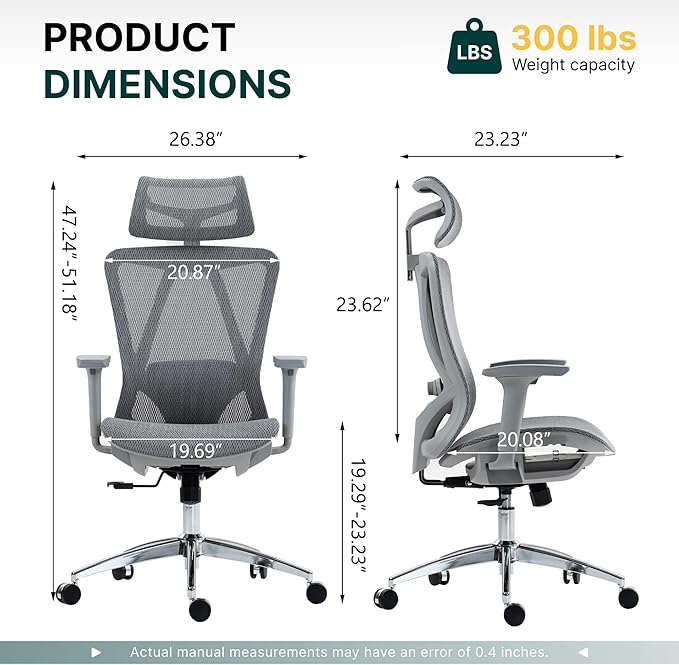 Mesh Ergonomic Office Chair,High Back Mesh Gaming Chair with Lumbar Support,Adjustable Headrest and Armrests for Home Office Desk Chair (Americana, Grey)
