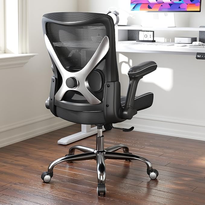 Ergonomic Office Chair-Computer PU Leather X-Shaped Desk Chair-Gaming Chair with Adjustable Flip-up Armrests Lumbar Support Mesh Executive Chair for Long Hours Office (Black-Silver)
