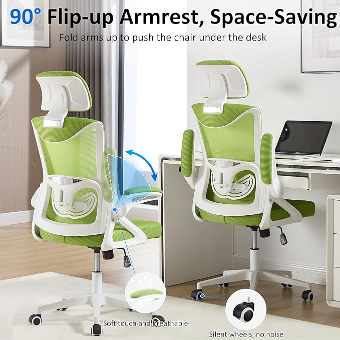 Fizzin Ergonomic Office Chair 400 LBS, High Back Desk Chair with Adjustable Lumbar Support, Mesh Computer Chair with Thicker Seat Cushion and Tilt Function for Home Offices (Green)