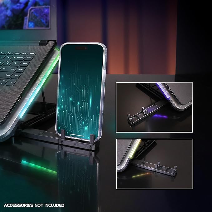 ENHANCE Gaming Voltaic 2 Laptop Cooling Stand - Laptop Cooling Pad with 6 Blue LED Fans, 7 Height Settings, RGB Lighting - Metal Top Cooler Pad with Phone Stand, 2 USB Ports for up to 17 inches