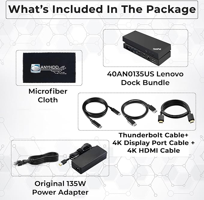 Lenovo 40AN0135US Dock 135W Bundle - Gen 2 Dual UHD 4K Display with 135W Power Adapter + 4K HDMI Cable + 4K DisplayPort Cable + Thunderbolt Cable + Microfiber Cloth - Lenovo Docking Station (Renewed)