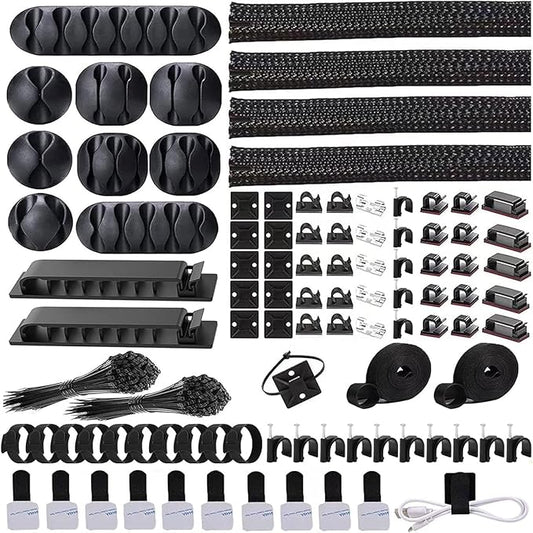 ELII 302PCS Cable Management Kit 4 Cable Sleeve,45Cable Clips,11Cable Holders,22 Roll Cable Organizer Straps and 200 Fastening Cable Ties,20 Cable Zip Tie Mounts Computer Under Desk (Black)