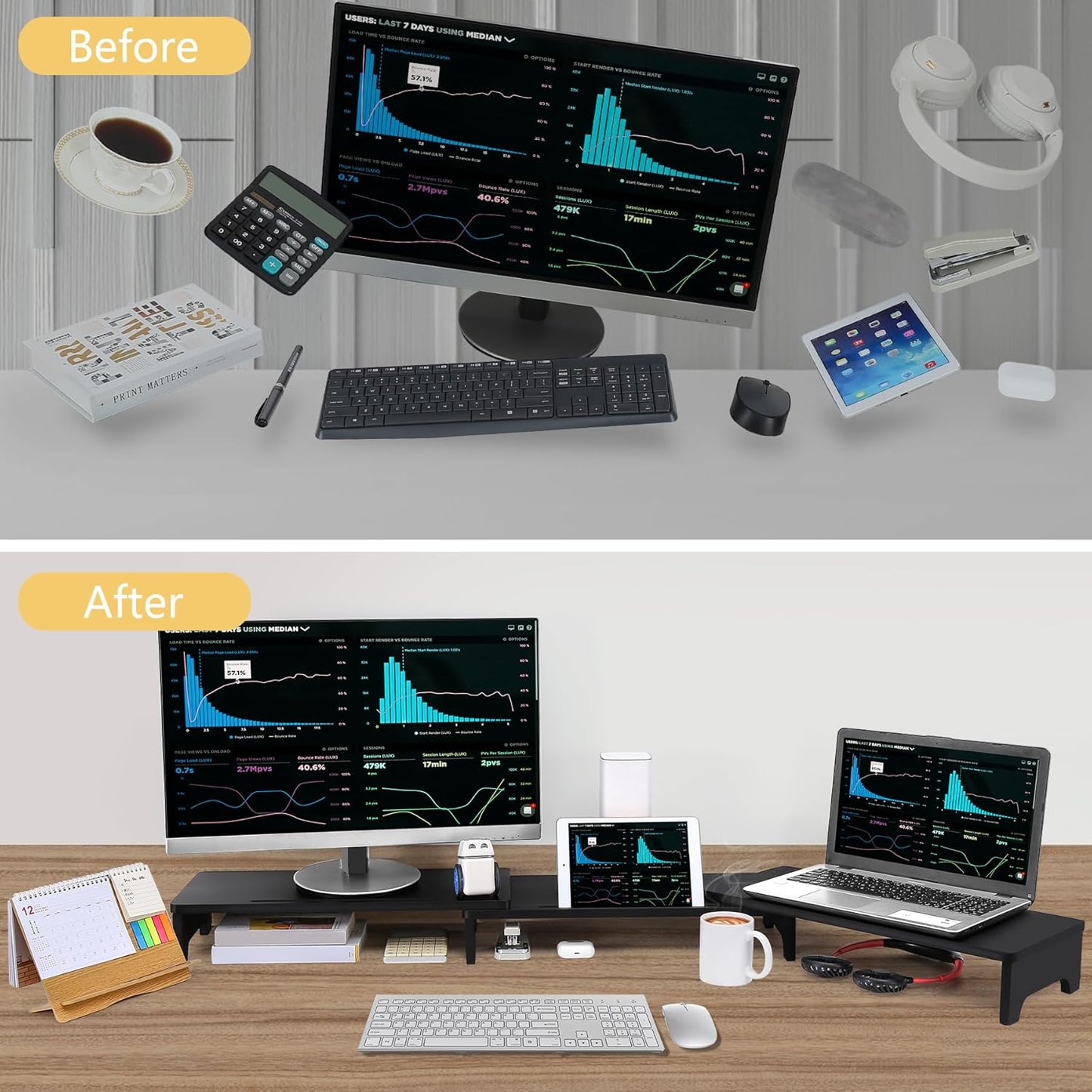 Nnewvante Monitor Stand Riser, Upgrade Height Large TV Riser, 60 inch Large Bamboo Dual Monitor Stand for Desk, 3 Shelves Desktop Screen Riser with Adjustable Length Angle for Computer Laptop Black