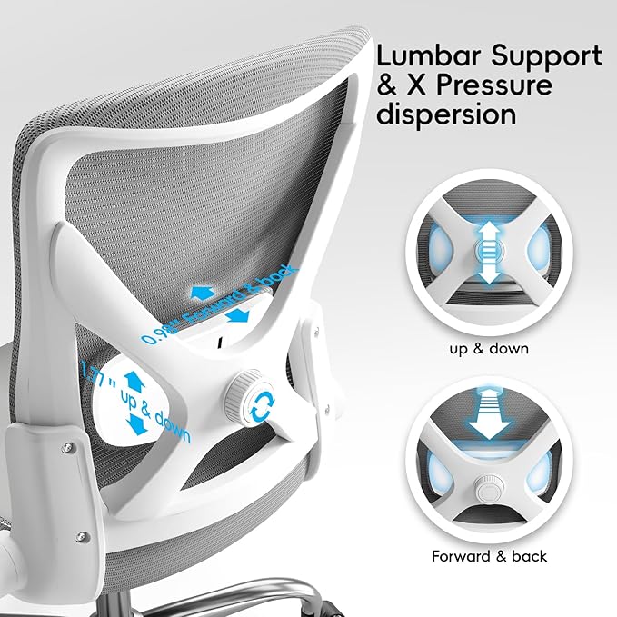 Ergonomic Office Chair-Computer PU Leather X-Shaped Desk Chair-Gaming Chair with Adjustable Flip-up Armrests Lumbar Support Mesh Executive Chair for Long Hours Office (White-Grey)
