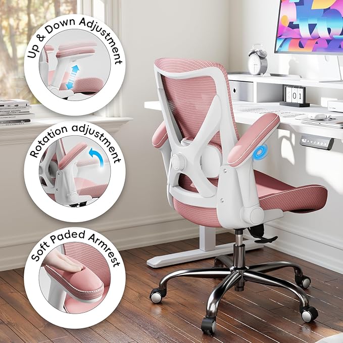 Ergonomic Office Chair-Computer PU Leather X-Shaped Desk Chair-Gaming Chair with Adjustable Flip-up Armrests Lumbar Support Mesh Executive Chair for Long Hours Office (Pink)