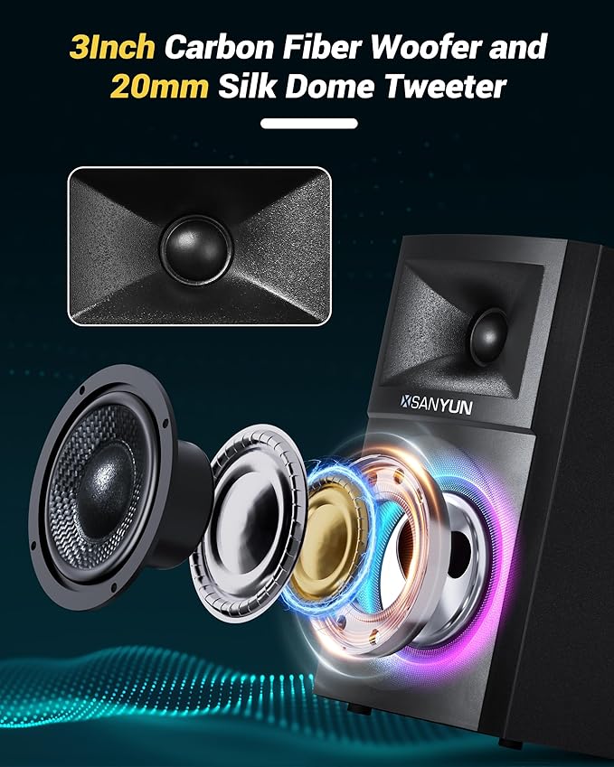 SW203 4.0 Computer Speakers - 60W 4-Way DSP Control 3D Immersive Sound - 3" Carbon Fiber Woofer & 20mm Silk Dome Tweeter - 24bit DAC USB/Bluetooth 5.4/AUX - Studio-Grade Audio (Pair, Black)