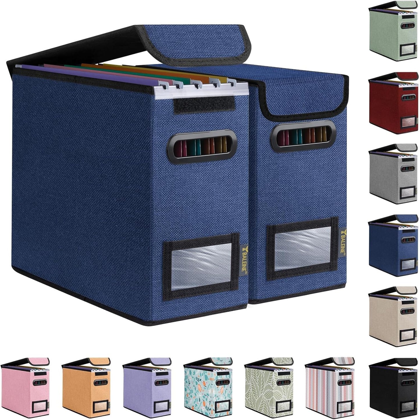 BALEINE File Organizer Box with Lid, Collapsible File Folder Organizer with Plastic Slide, Hanging File Folder Box for Office Document Storage (2 Pack, Blue, S)