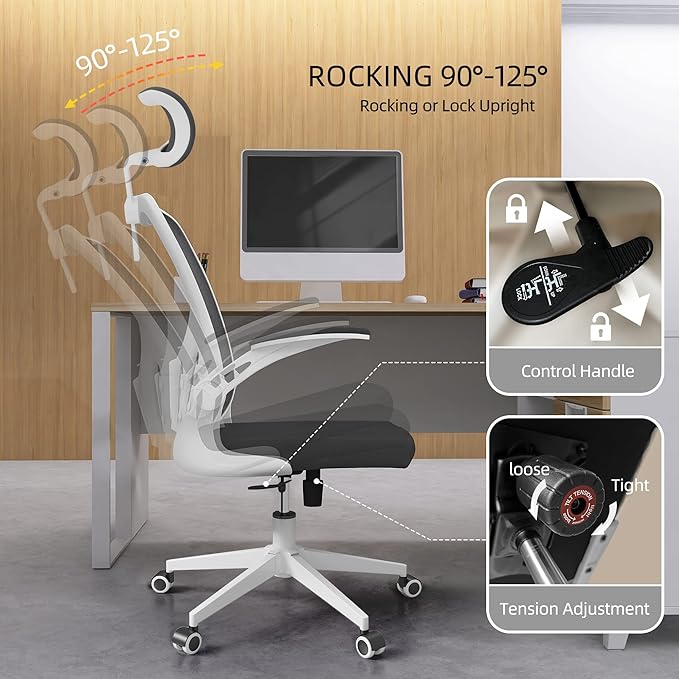 Monhey Office Chair Ergonomic Desk Chair with Lumbar Support&Headrest&Flip-up Arms Height Adjustable Rocking Swivel High Back Computer Chair Warm Taupe Mesh Study Chair (03White+Black)