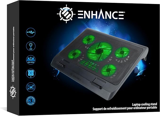 ENHANCE Gaming Laptop Cooling Pad Stand with LED Cooler Fans, Adjustable Height, & Dual USB Port for 17 inch Laptops - 5 Ultra Quiet High Performance Fans 2630 RPM & Built-in Bumpers - Green