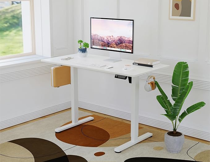 NSY Audio Electric Standing Desk 48x24 Inches - Height Adjustable, Whisper Quiet Motor, White Top & Black Frame for Home Office Gaming, Focused Work, White