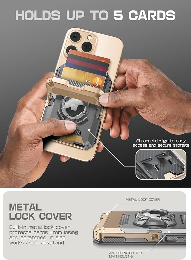 SUPCASE for MagSafe Wallet with AirTag Holder, Magnetic Airtag Wallet for Men, [Hold 5 Cards] [Adjustable Stand] [RFID Blocking] Phone Card Holder Tripod for iPhone 16/15/14/13/12 Series, DesertGold