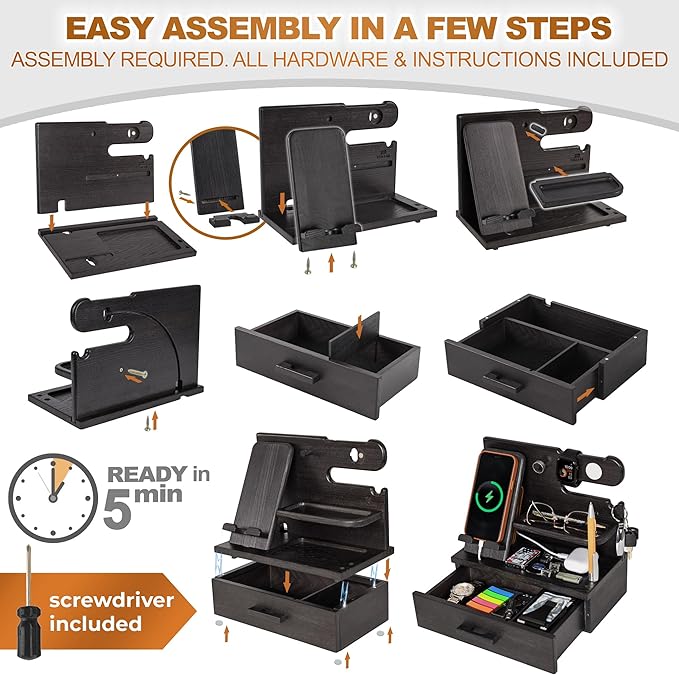 TESLYAR Wood Phone Docking Station with Drawer - Nightstand Organizer - Desk Organizer for Husband - Birthday Gifts for Men, Dad, Anniversary Idea, Key Holder Stand Watch & Accessories (Granite Black)