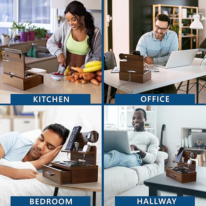 BarvA Phone Docking Station with Drawer Organizer | Night Stand Desk Charging Station | Upgraded Nightstand Organizer | Dresser Smart Watch Earbuds Phone Stand | Room Decor Gifts for Women Men Mom