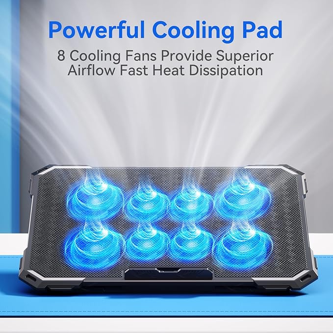 ICE COOREL Laptop Cooling Pad with 8 Cooling Fans, Cooling Pad for Laptop Fan 13-15.6 Inch, Laptop Cooler Stand with 6 Height Adjustable, Notebook Cooler Pad with Two USB Port [2025 Version]