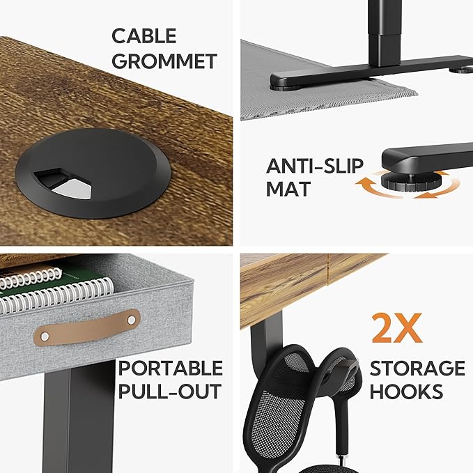Seang Standing Desk with Drawer, 48" x 24" Height Adjustable Stand Up Desk, 3 Memory Height Settings with Cable Grommets & Storage Hooks, Ideal for Home & Office, Rustic Brown