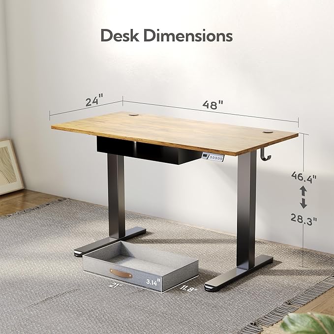 Seang Standing Desk with Drawer, 48" x 24" Height Adjustable Stand Up Desk, 3 Memory Height Settings with Cable Grommets & Storage Hooks, Ideal for Home & Office, Rustic Brown