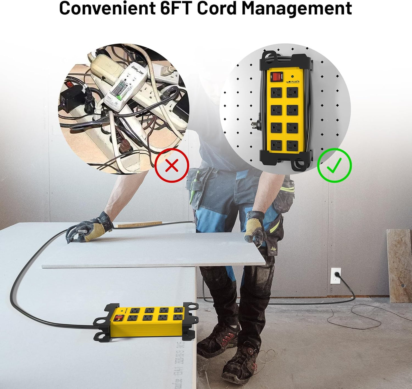 Plug'n 8 Outlet Heavy Duty Power Strip,Wide Spacing,Workshop Surge Protector 2700J with 6FT Extension Cord,Industrial Metal Power Strip 15Amp,Yellow Wall Mount Power for Garage,Office