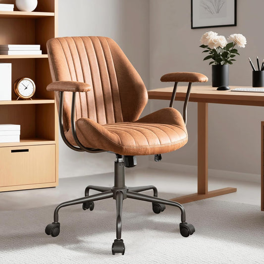 ovios Ergonomic Home Office Chair, Mid-Century Modern Faux Leather Chairs with Padded Armrests, Comfy Mid Back Swivel Rolling Executive Computer Armchair (Brown, Suede Leather)